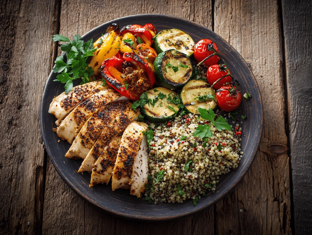 High-protein dinner plate with chicken and vegetables