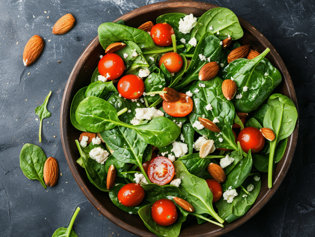 Quick low-carb spinach salad with cherry tomatoes, roasted almonds, and feta