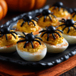 Creepy Deviled Eggs Halloween Style topped with spooky black olive spiders and paprika dusting