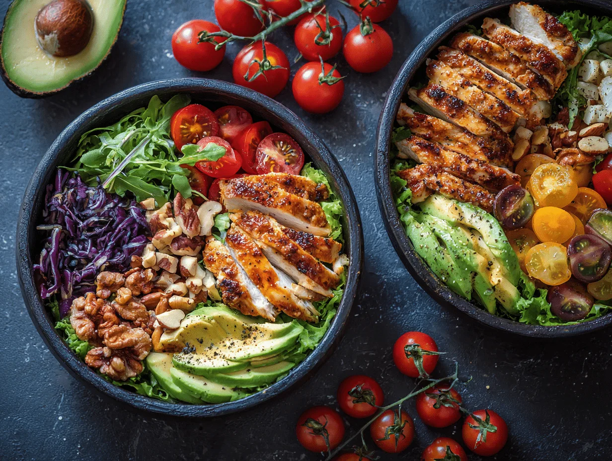 Low-carb lunch bowl with chicken, avocado, and vegetables