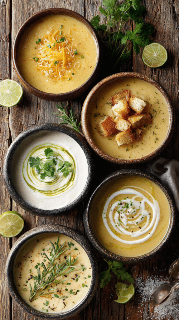 Potato soup recipes guide showing creamy loaded potato soup, rustic herb potato soup, cheddar garlic potato soup, classic creamy potato soup, vegan coconut potato soup arranged together for recipe inspiration