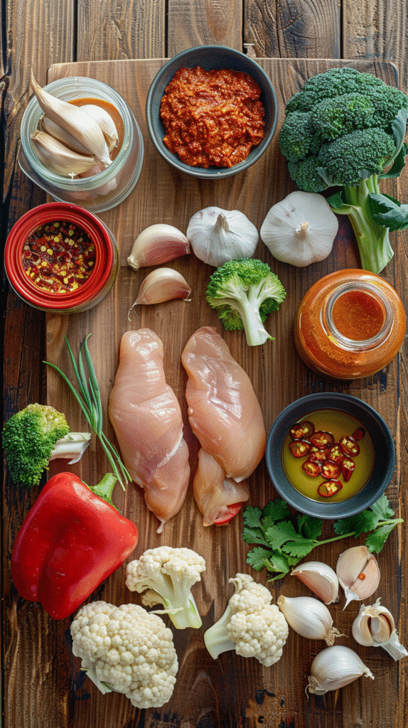 Keto crockpot curry ingredients arranged in flat lay style: chicken, coconut milk, curry paste, onion, garlic, ginger, red bell pepper, broccoli, cauliflower, coconut oil, cilantro, and chili flakes.