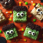 Spooky Frankenstein Rice Krispies treats with green frosting, candy eyes, and chocolate drizzle hair