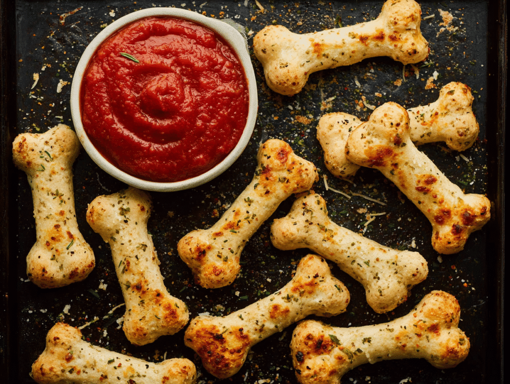 Cheesy Breadstick Bones with marinara dip for Halloween