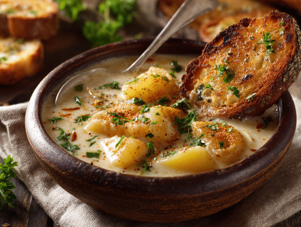 Cheddar garlic potato soup with melted cheese and croutons