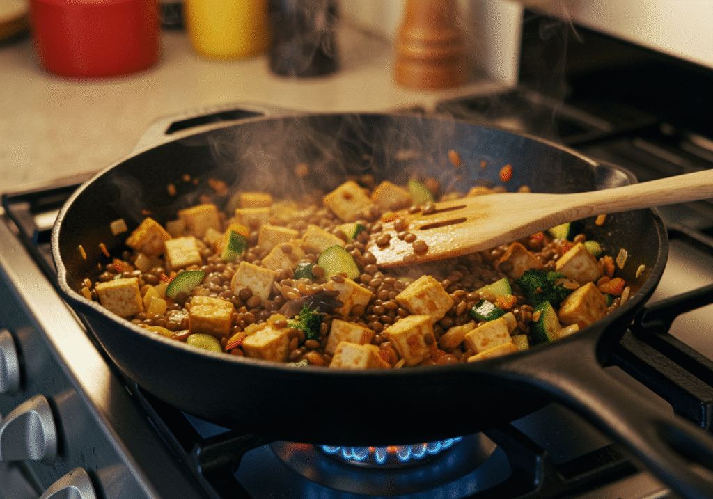 Skillet with tofu, vegetables, and lentils sizzling during cooking