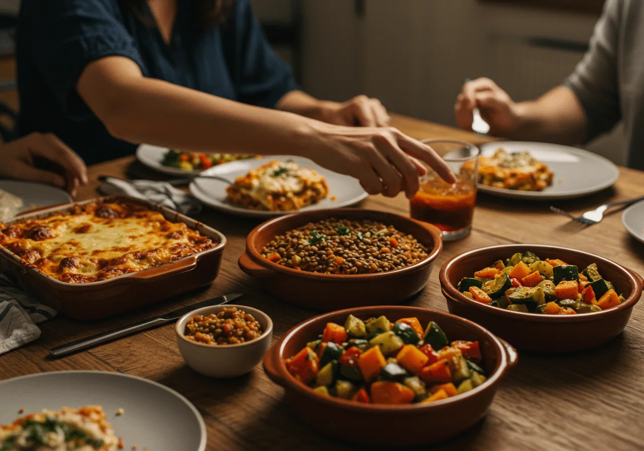 Vegetarian Dinner Recipes : Cozy vegetarian family dinner with pasta, roasted vegetables, and hearty comfort food on a rustic table