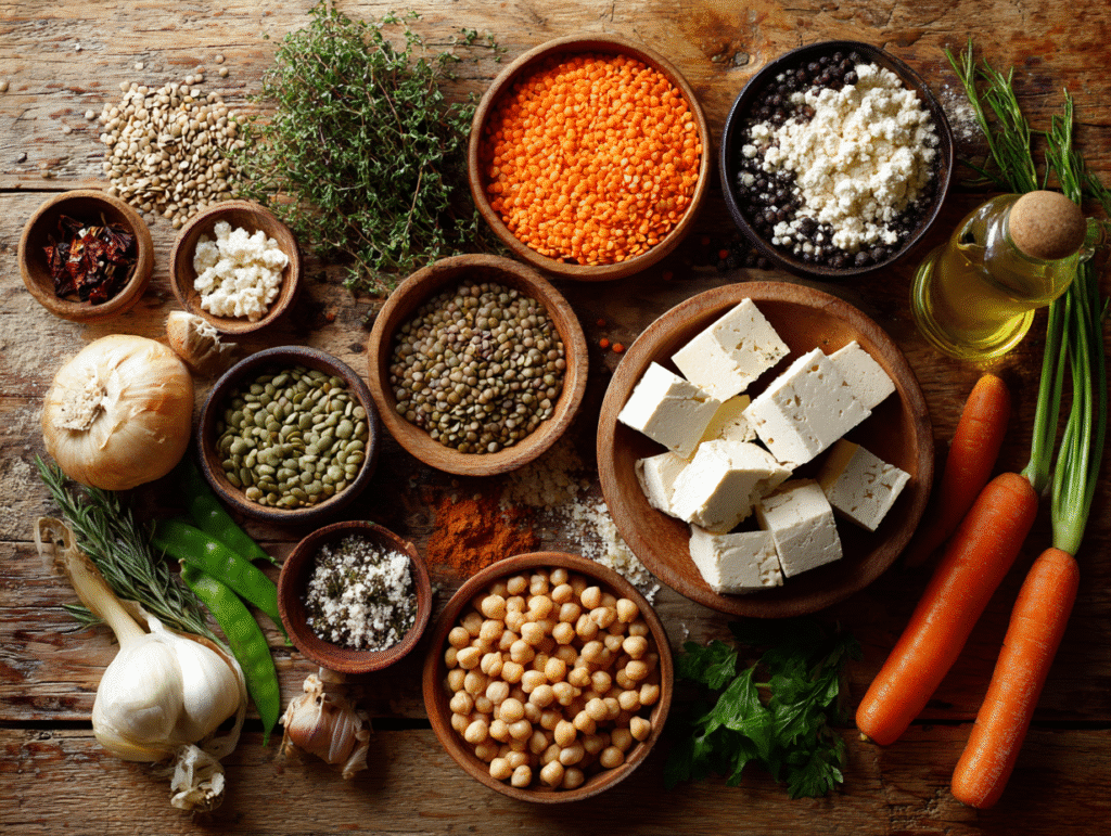 Flat lay of fresh vegetarian ingredients including lentils, tofu, chickpeas, vegetables, and herbs