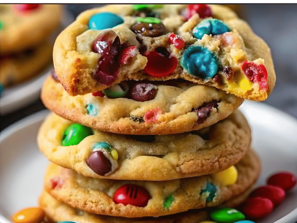 Colorful M&M cookies stacked on plate