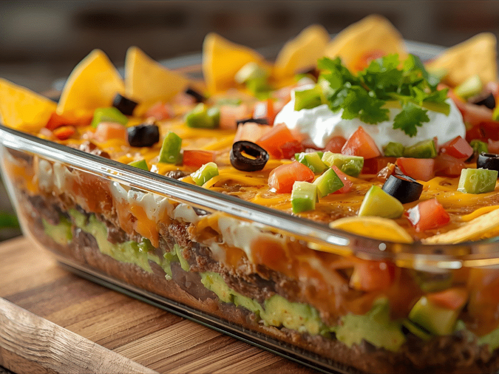 Alt: Seven Layer Taco Dip in a clear dish with beans, seasoned sour cream, guacamole, salsa, cheese, tomatoes, olives, and green onions.​