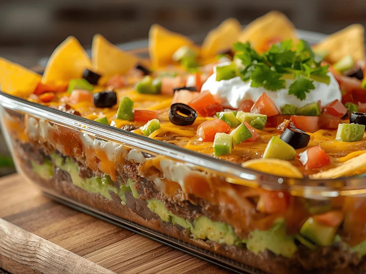 Alt: Seven Layer Taco Dip in a clear dish with beans, seasoned sour cream, guacamole, salsa, cheese, tomatoes, olives, and green onions.