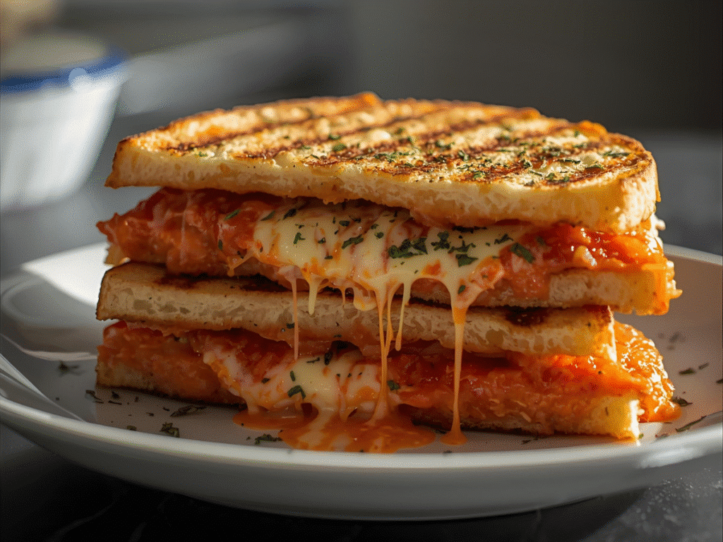 Cheesy focaccia pizza sandwich panini with marinara and melted mozzarella, crispy edges​