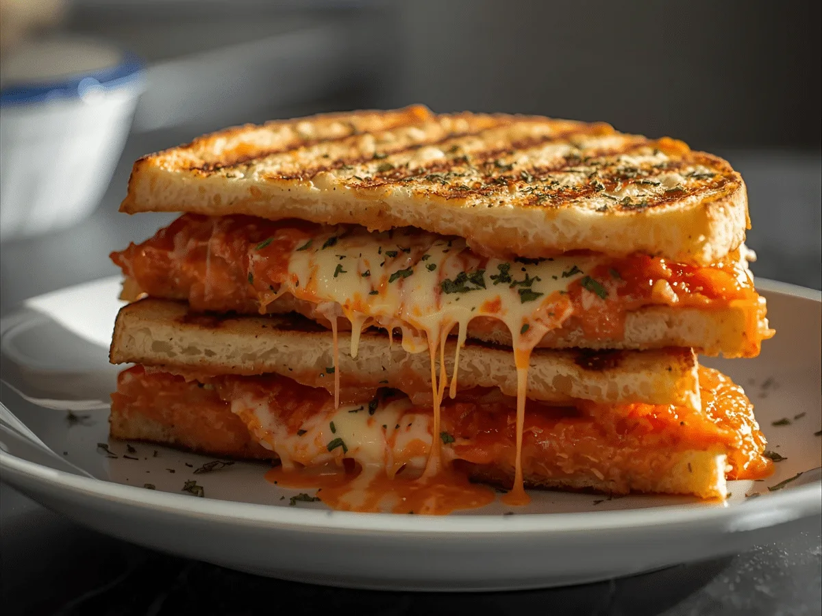 Cheesy focaccia pizza sandwich panini with marinara and melted mozzarella, crispy edges