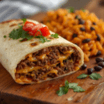 Easy beef burrito with ground beef, cheddar, cilantro, and pico de gallo​