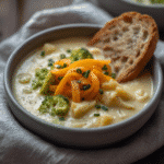 Creamy broccoli potato soup with cheddar in a stoneware bowl.​