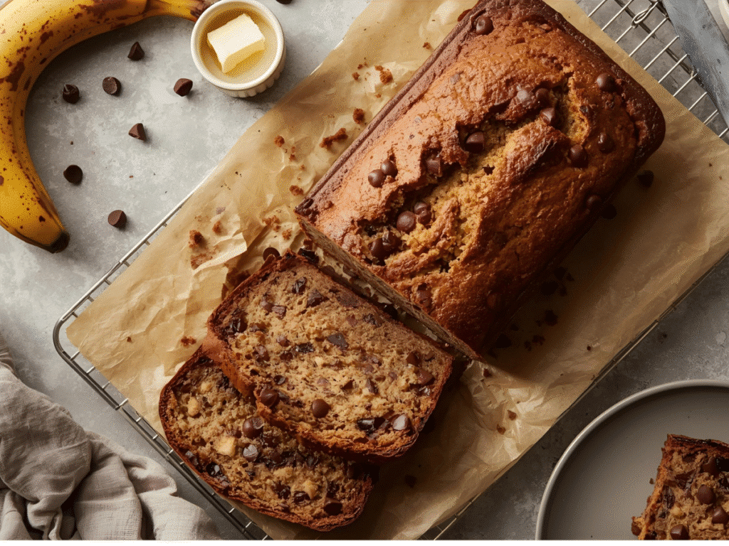 Alt: Easy Banana Bread Recipe loaf with chocolate chips, gooey crumb, one-bowl method ; 