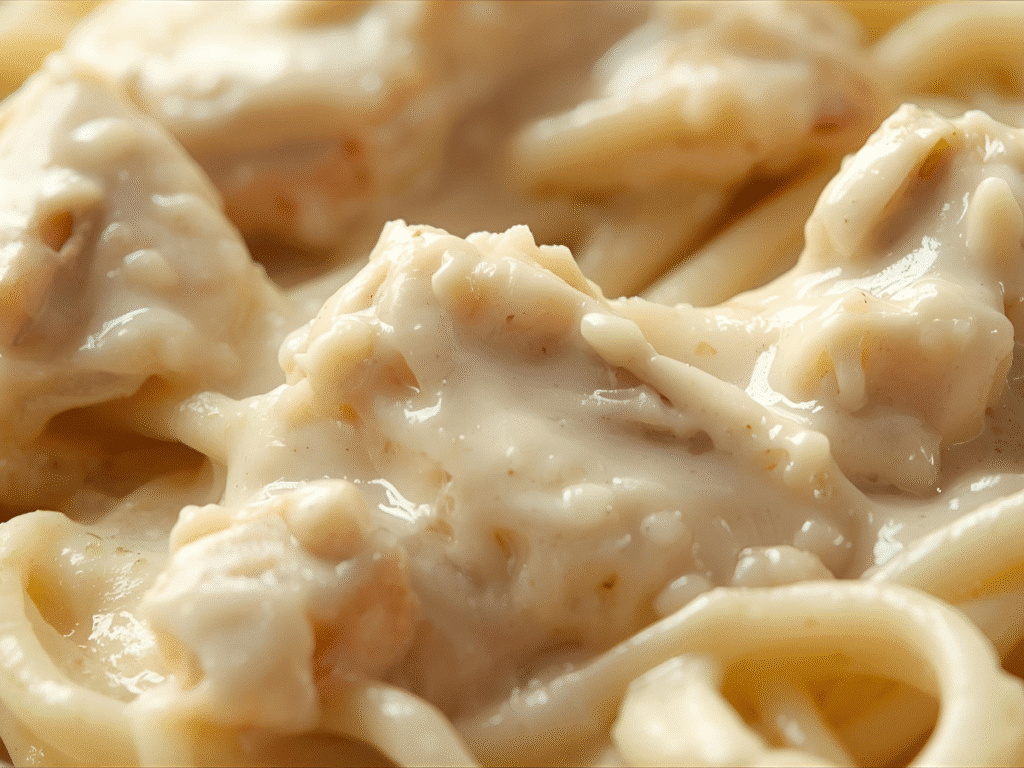 v1: Alt “Creamy White Chicken Alfredo in a white bowl with Parmesan and parsley”; 