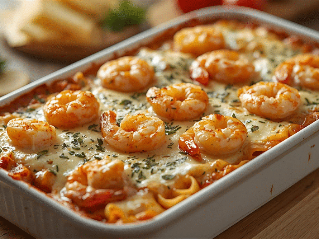 Slice of shrimp and crab seafood lasagna with ricotta and white sauce on a plate