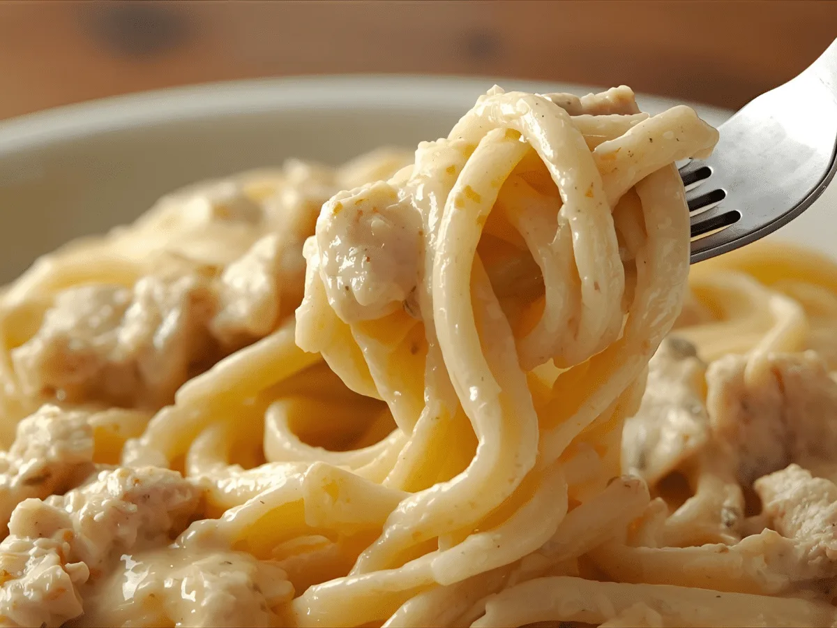 Feature: Alt “Creamy White Chicken Alfredo with fettuccine, seared chicken, Parmesan cream, parsley”;