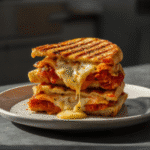 Stacked pizza sandwich panini with cheese pull and marinara drip