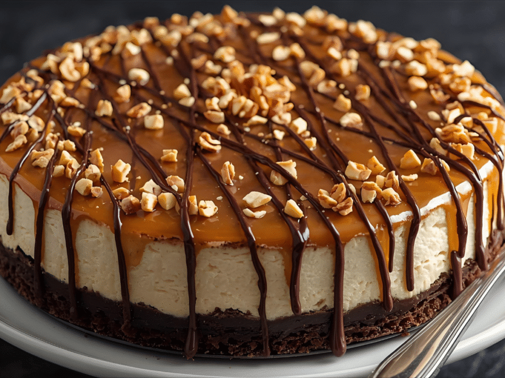 Snickers cheesecake on chocolate crust with caramel and peanuts, bakery-style candy cheesecake​