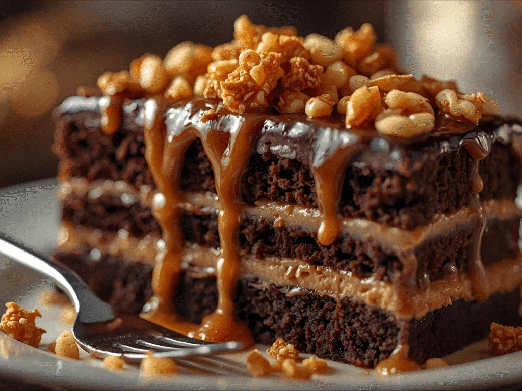 Chocolate caramel layer cake with salted caramel filling and caramel drip​