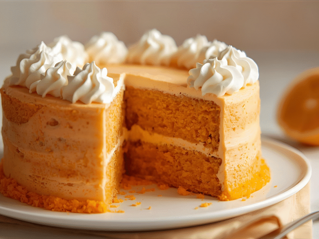 Orange Dreamsicle Cake on cake stand with orange frosting and zest;