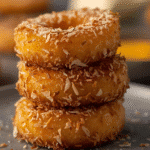 Golden crispy fried pineapple rings soaked in dark and coconut rum with white chocolate drizzle and toasted coconut topping, tropical dessert"