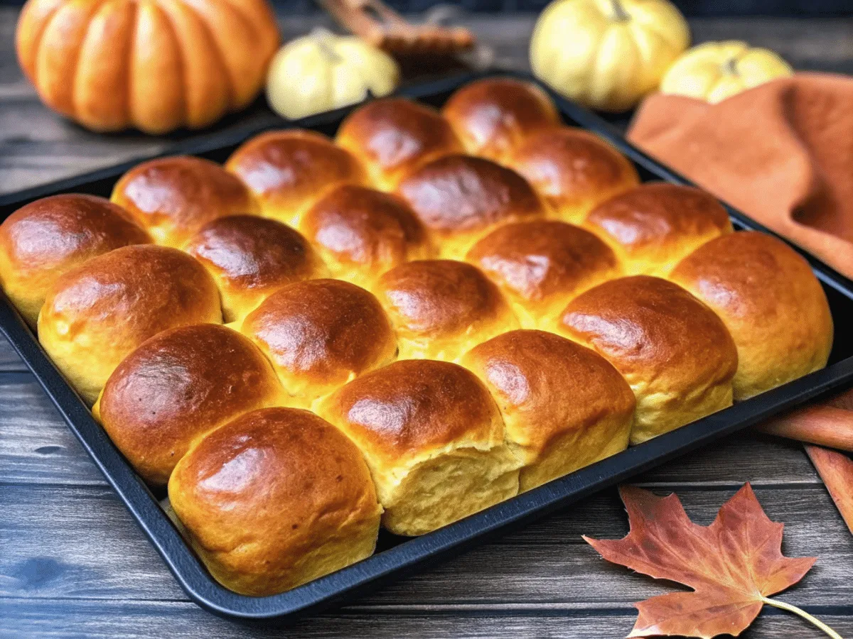 Soft pumpkin dinner rolls recipe with fluffy pumpkin yeast rolls for Thanksgiving.