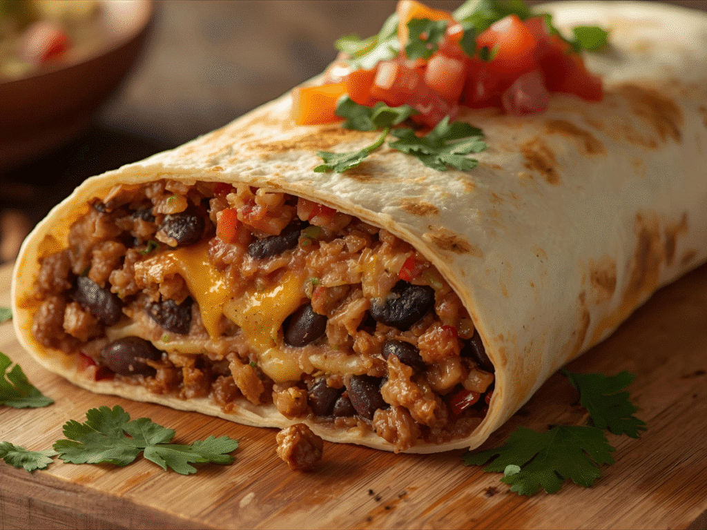 beef burrito recipes: Ground beef burrito sliced to show melty cheese, rice, and beans in a warm tortilla​