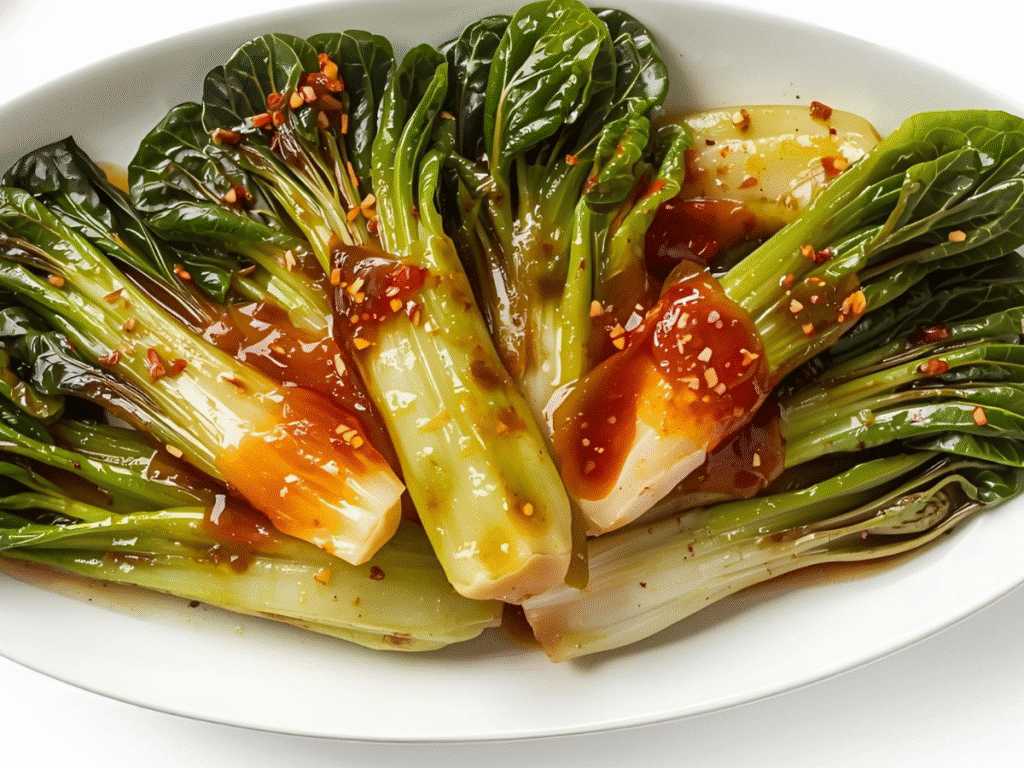 Garlic‑soy bokchoy stir fry, ginger and sesame finish