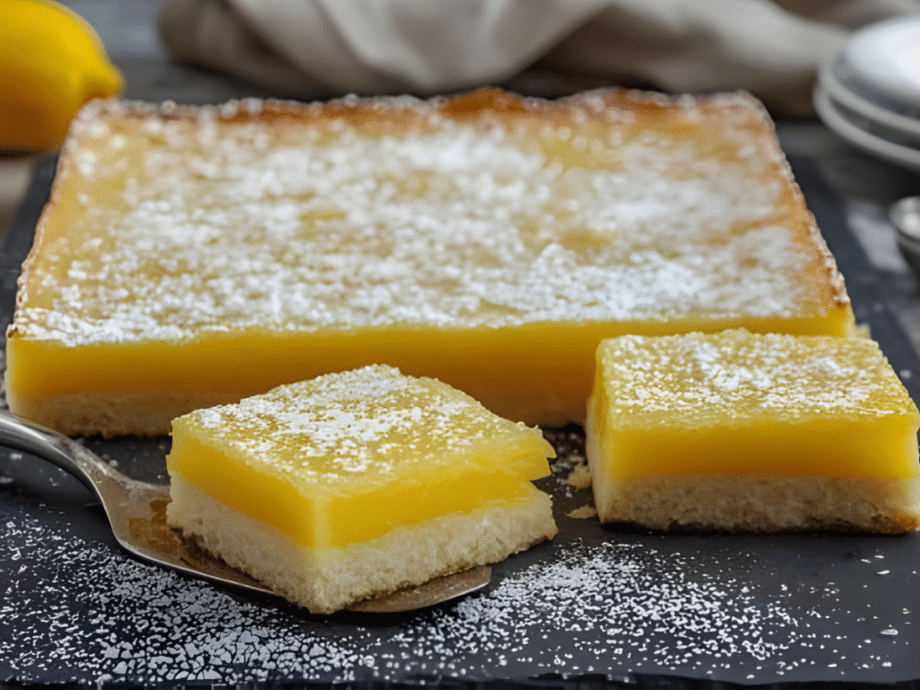 Easy lemon bars with shortbread crust and powdered sugar, classic lemon dessert