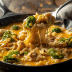 Golden baked broccoli cheddar chicken and rice with gooey cheese pull.​