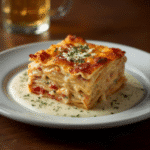 Creamy seafood lasagna with shrimp and crab, ricotta layers, golden melted cheese, Italian seasoning