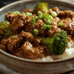 Alt Text: Side angle of creamy broccoli beef crockpot in a rustic bowl with fresh broccoli and beef strips, topped with sesame seeds and green onions