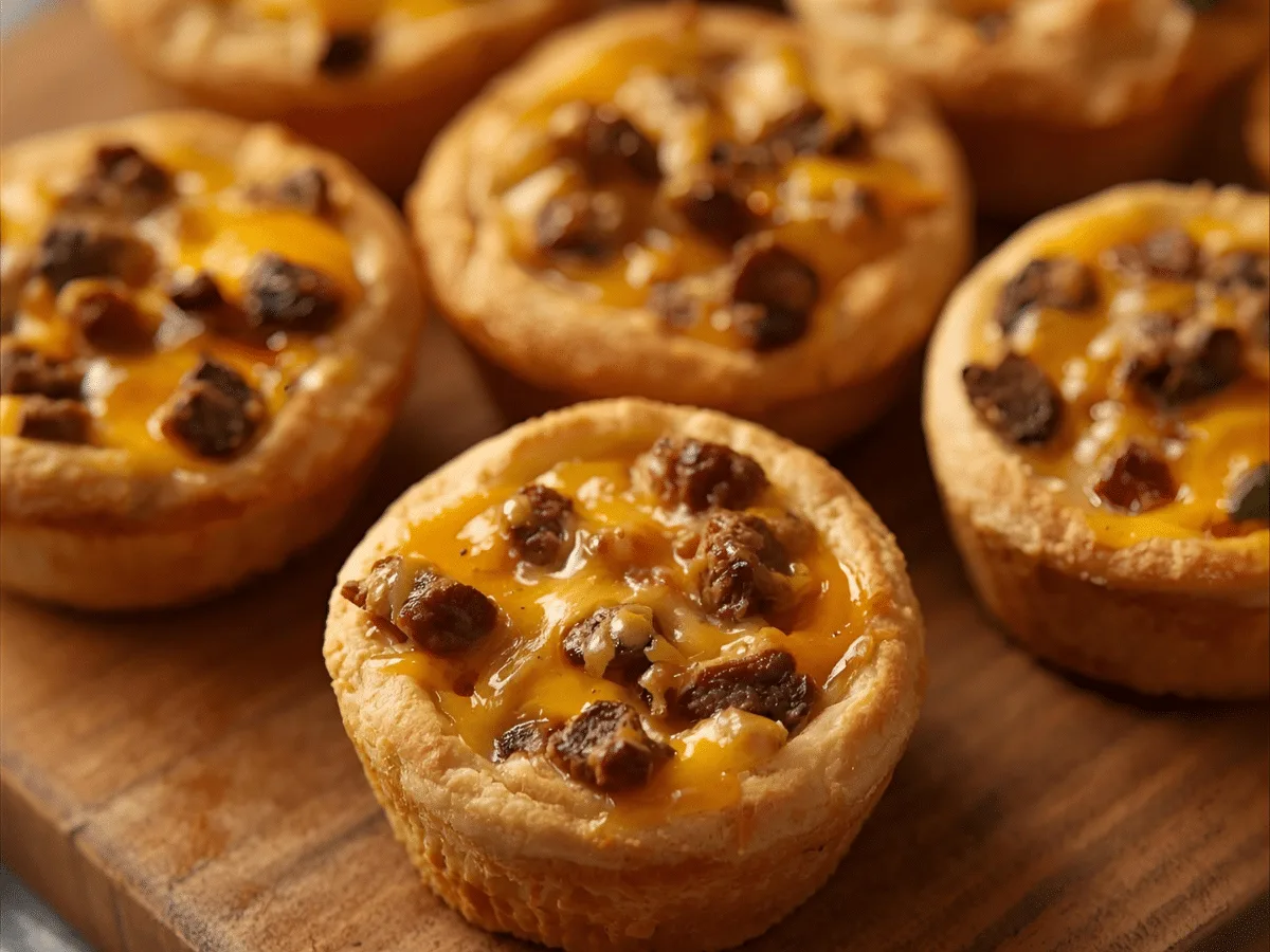 Golden mini sausage pancake bites with maple drizzle on platter.​