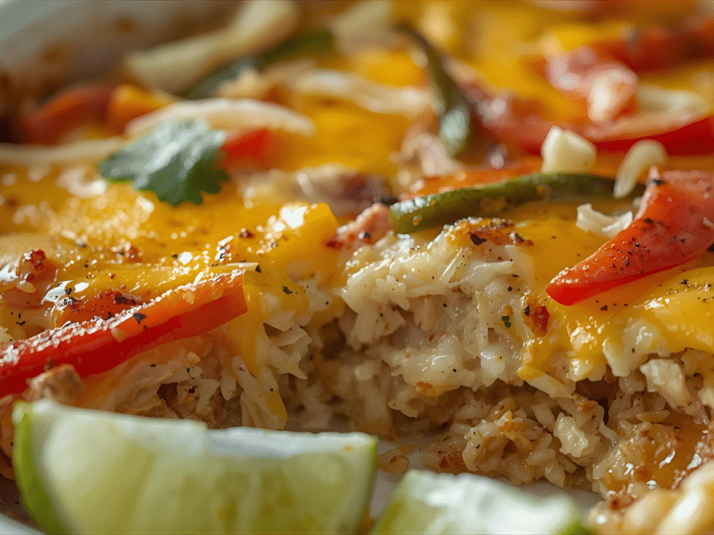 Chicken and rice fajita bake topped with melted cheese and cilantro