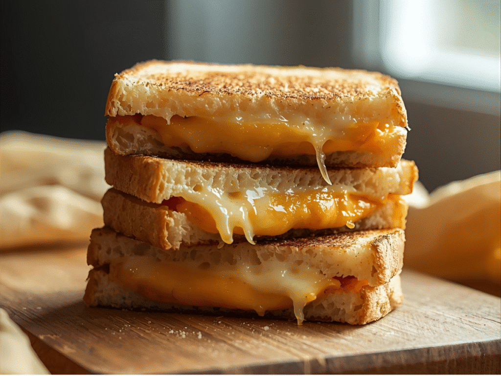 Ultimate grilled cheese sandwich on sourdough with melted cheddar and American cheese
