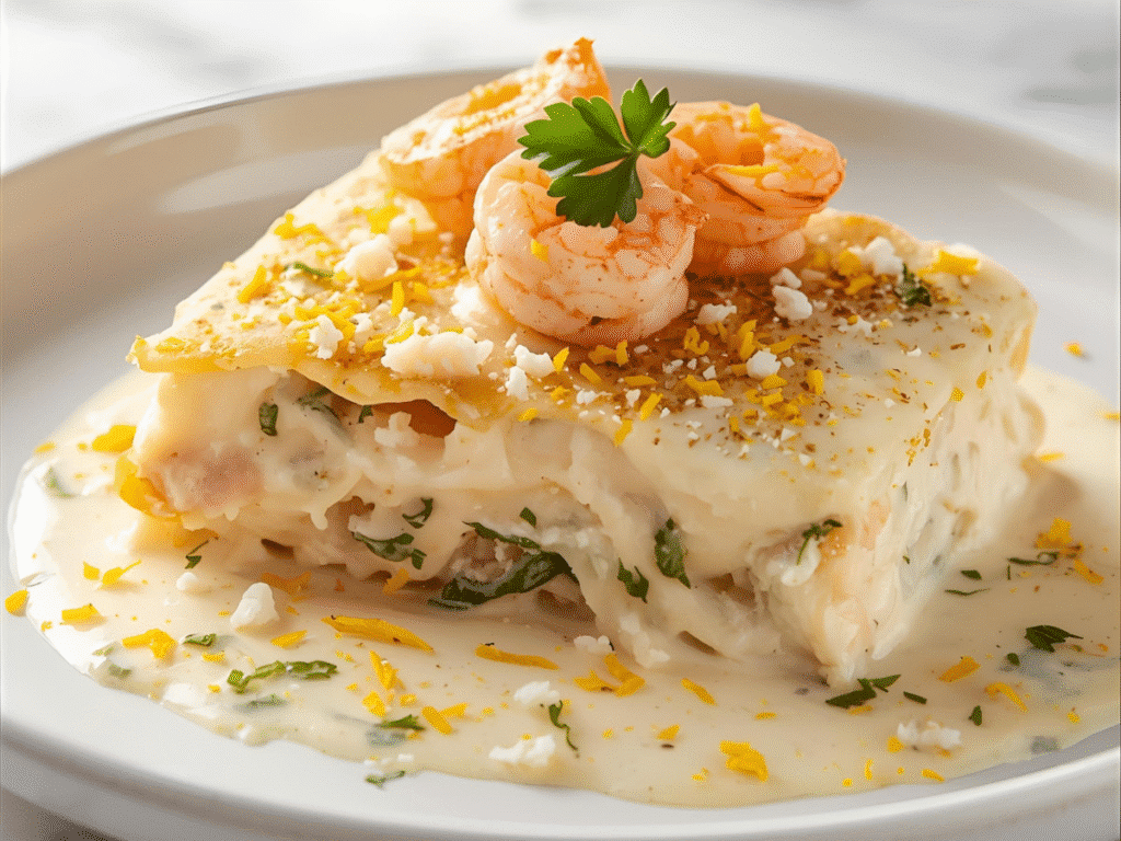 Alt text: Creamy crab and shrimp lasagna slice with Alfredo, ricotta layers, and parsley garnish on marble.​