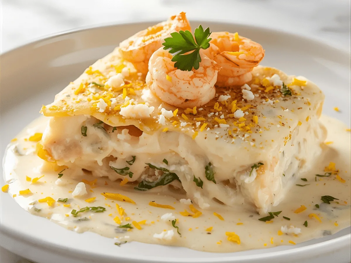 Alt text: Creamy crab and shrimp lasagna slice with Alfredo, ricotta layers, and parsley garnish on marble.