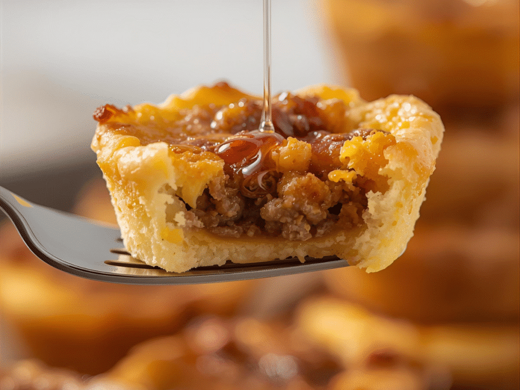 Mini sausage pancake muffins glazed with maple on white platter.​