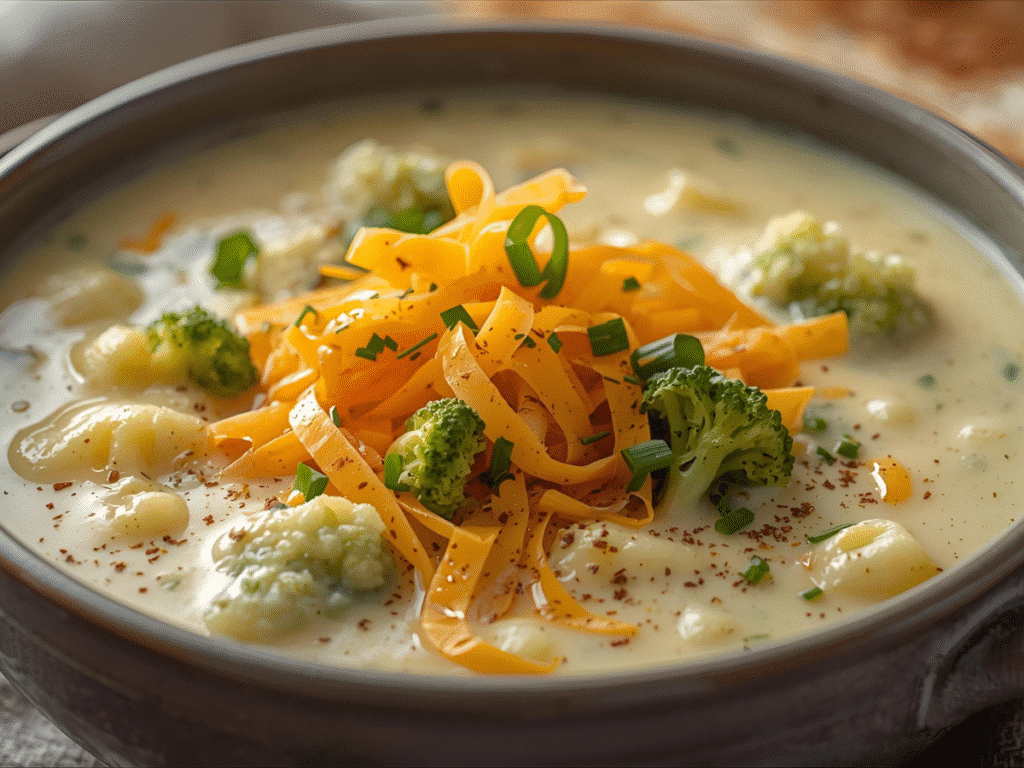 Creamy Broccoli Potato Cheese Soup topped with melted cheddar and chives in a rustic bowl.​