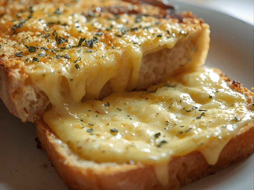 Garlic Bread With Cheese: mozzarella and cheddar on golden garlic bread halves​