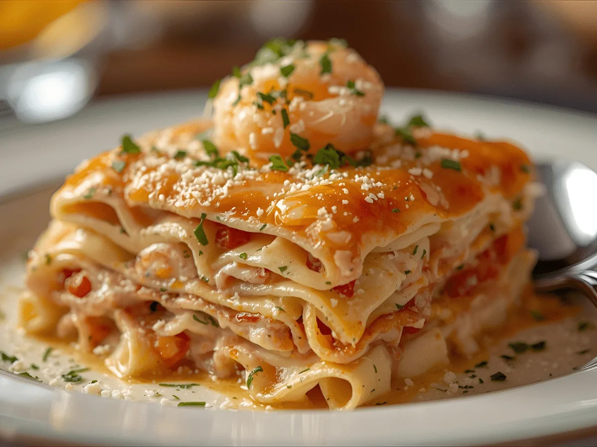 Creamy seafood lasagna with shrimp and crab, ricotta layers, and golden melted cheese