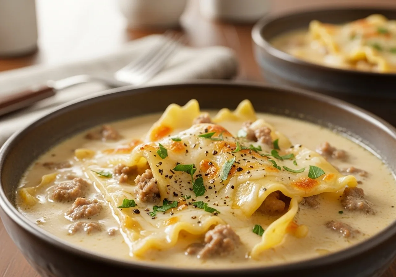 Creamy Alfredo lasagna soup with Italian sausage, ditalini, spinach, and Parmesan