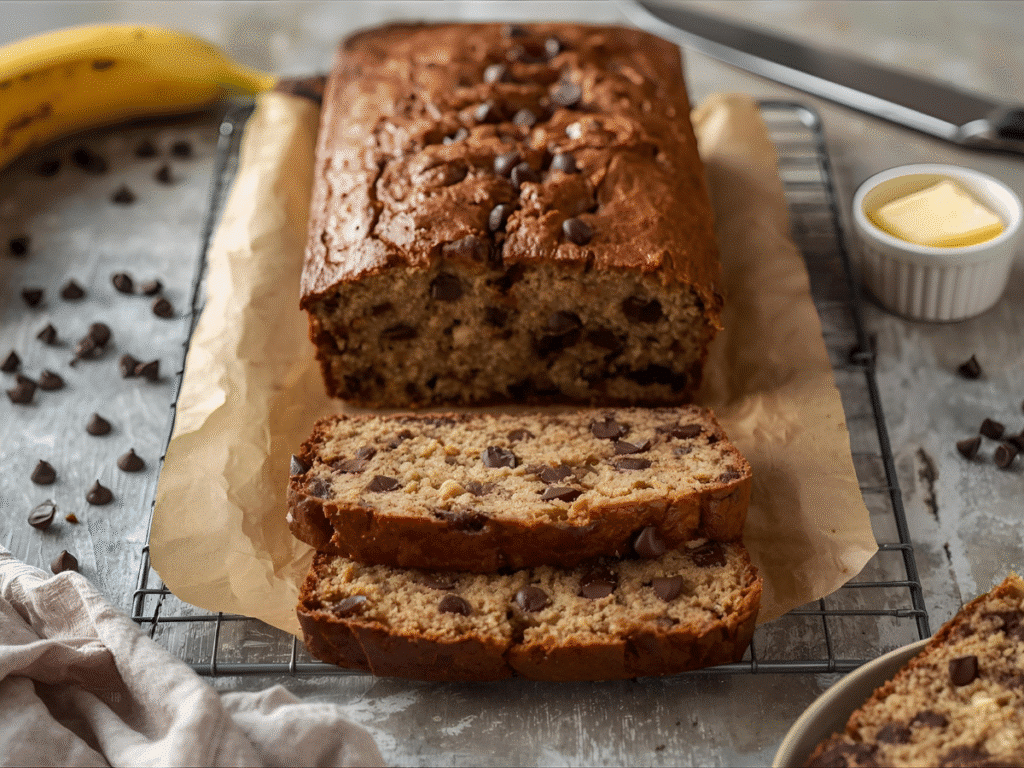 Alt: Best Ever Chocolate Chip Banana Bread slice with melty chips, Banana Bread Recipe Homemade ; 
