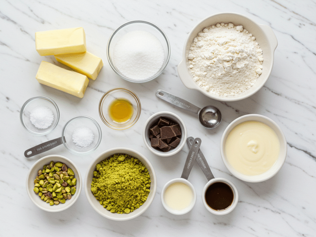 Pistachios, flour, sugar, butter, eggs