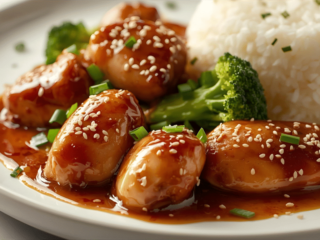 Teriyaki chicken and broccoli over rice with glossy homemade teriyaki sauce, sesame and scallions.​