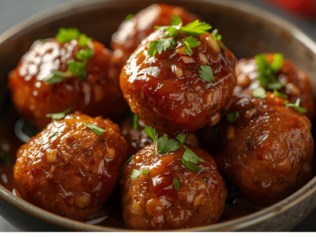 Baked chicken Parmesan meatballs with marinara, melted mozzarella, and basil in a baking dish​