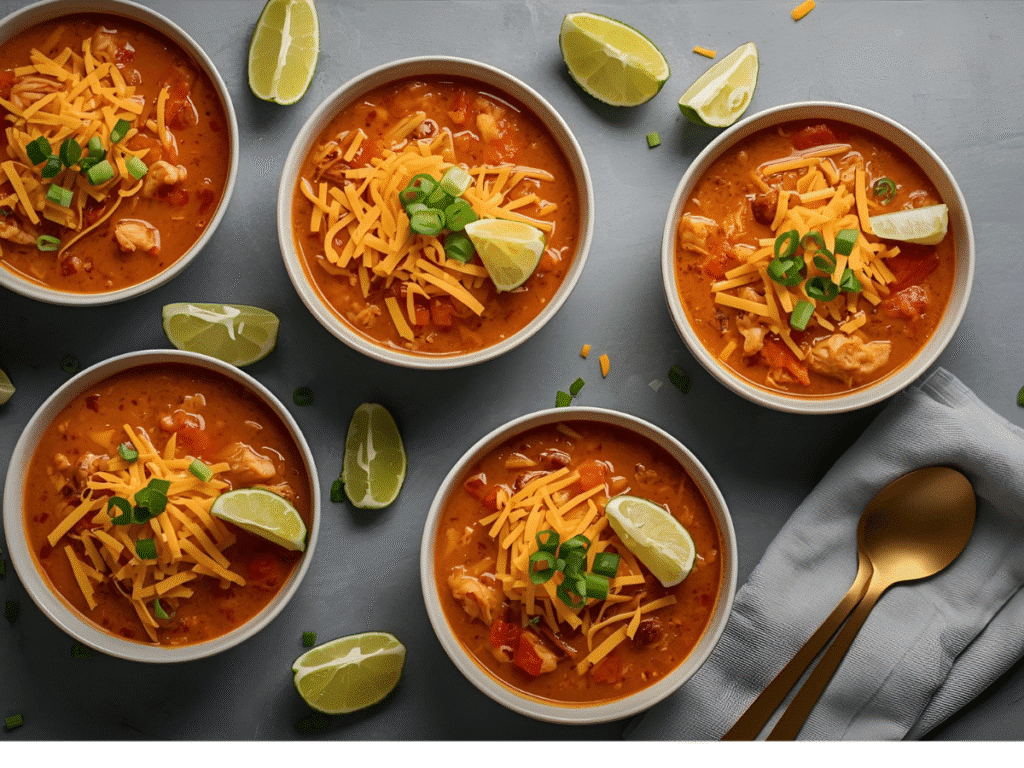 High-protein chicken taco soup with black beans and corn, served with lime wedges.